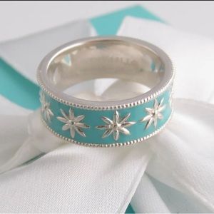 Tiffany & Co.  Sterling Silver Blue Enamel Daisy Flower Ring-Size 5 PRE OWNED.